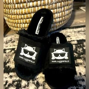 Karl Lagerfelf black cat furry slides NEW